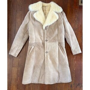 Vintage 70s Shearling Sheepskin Long Suede Tan Coat Women's Size Medium / Large